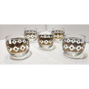 5 Vtg MCM Culver Seville Roly Poly Cocktail Glasses 22K Gold Blue Teal Diamond